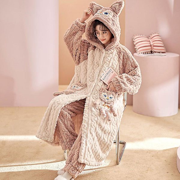 Dame høst og vinter korallfleece pyjamas pluss fleece fortykket hjemmedrakt L