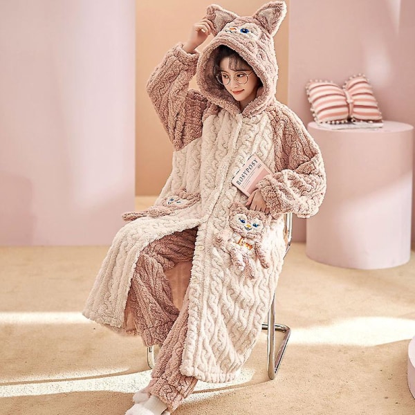 Høst og vinter pyjamas i korallfleece for kvinner pluss fortykket hjemmeservicedress i fleece XL
