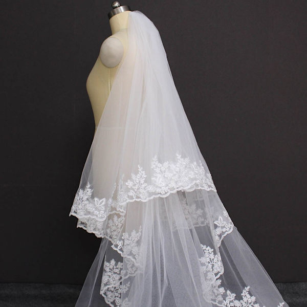 Spets Katedral 2 Lager Bröllopsklänning 3M Ansiktstäckning Brudslöja Blush Slöja Bröllopstillbehör Ivory 250cm