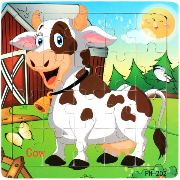Nytt 20-bitars Montessori 3d-pussel Tecknad Djurfordon Jigsaw Träpusselspel Tidig inlärning Pedagogiska leksaker för barn Cow