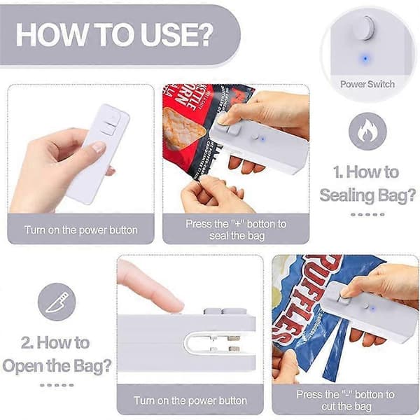 Mini Poseforsegler, Oppladbar Mini Chipsposeforsegler og Kutter med Myk Magnet, Bærbar Chipspose
