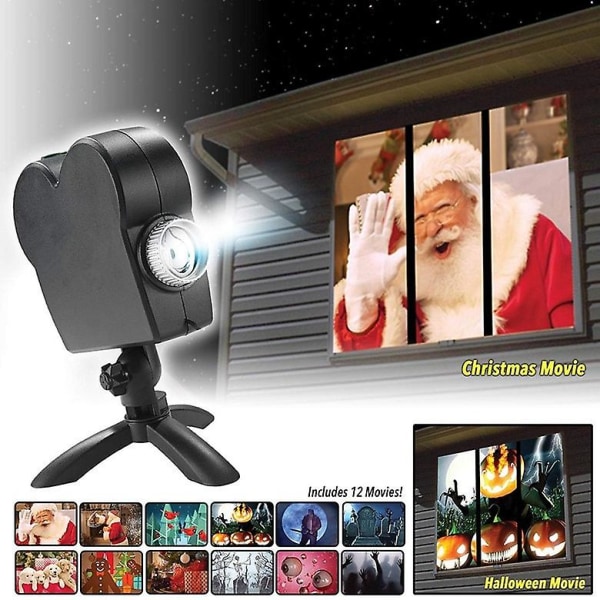 Jul Halloween Projektor 12 filmer Scen Disco Ljus Fönster Display Laserlampa Wonderland Projektor Festdekoration UK plug
