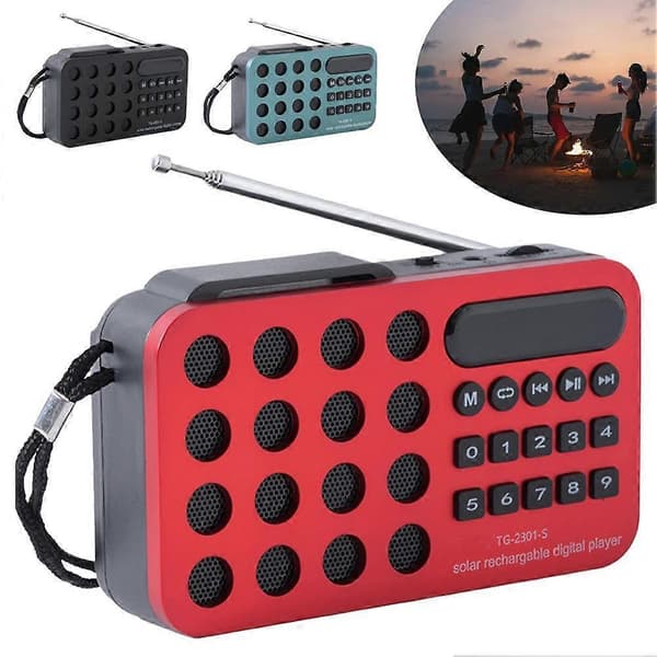 Mini bärbar fickradio med solcellsladdning och trådlösa högtalare som stöder USB Red