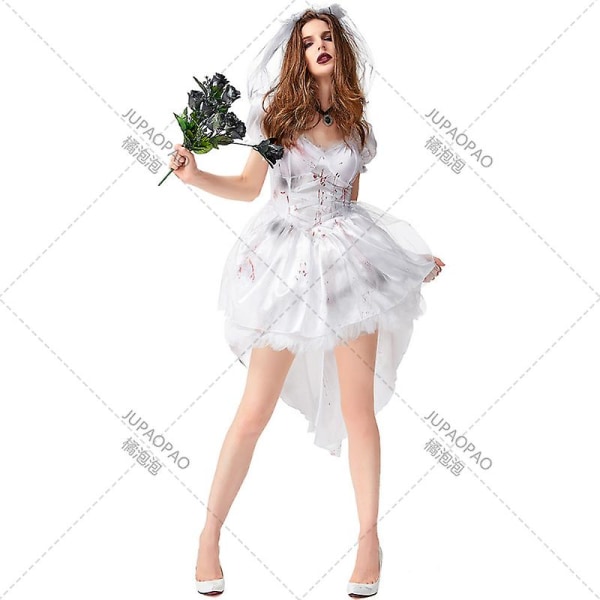 Zombie Død Brud Kostume Voksen Kvinde Halloween Karneval Spøgelse Vampyr Rollespil Uniform, Hvid Spøgelsesbrud Blod Tøj XL