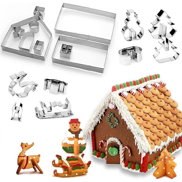 18 Delar 3D Kakform i Rostfritt Stål, Pepparkakshusform, DIY Julkakform Set, för Tårtdekorationer Kakor och Bakverk