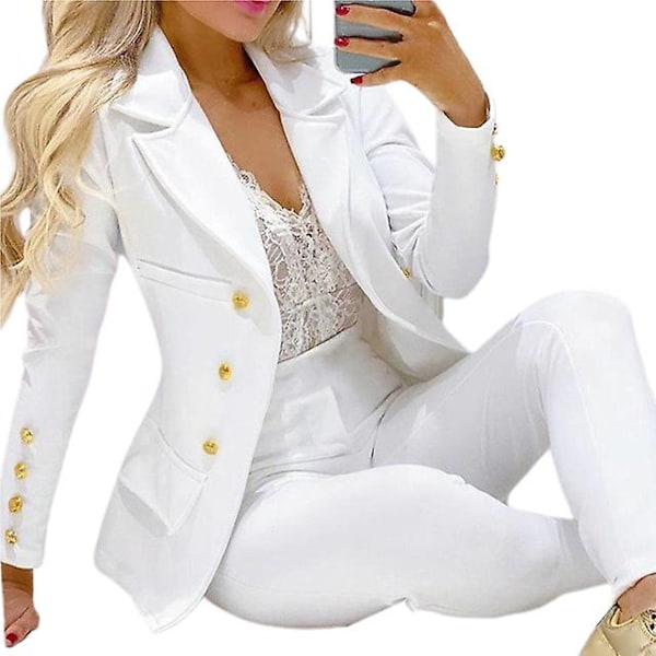 1 Set Blazer Byxor Tvådelad Formell Affärsdräkt Höst Vinter Öppen Söm Ankelknytna Kavaj Elastiska Midjebyxor För Arbete White XXL