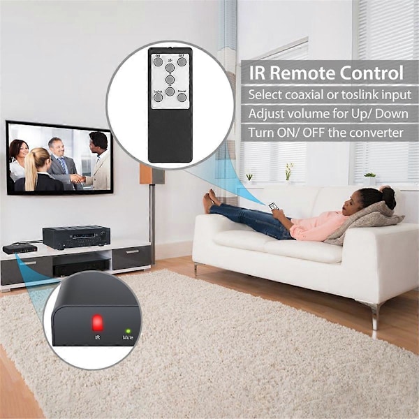 Audio Konverter med IR Fjernkontroll DAC Digital Koaksial Toslink til Analog Stereo RCA 3.5mm Audio