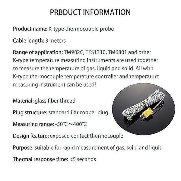 5 Stycken 3 Meter K Typ Termoelement Temperaturprob Sensor K Typ Mätområde -50 till 400 Celsius
