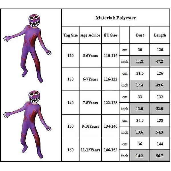 Rainbow Friends Kostym för Barn Jumpsuits Lila Monster Cosplay Skräckspel Outfit för Flicka Pojke Halloween Karneval Party 9-10 Years