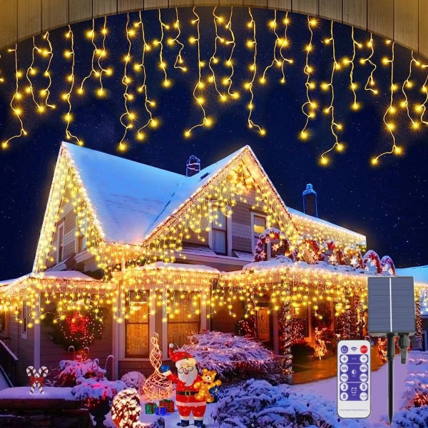 LED Solar Icicle String Lights Vattentät Juldekoration Gardin Strängljus för sovrum Uteplats Yard Trädgård Bröllopsfest 10m 300leds Warm White