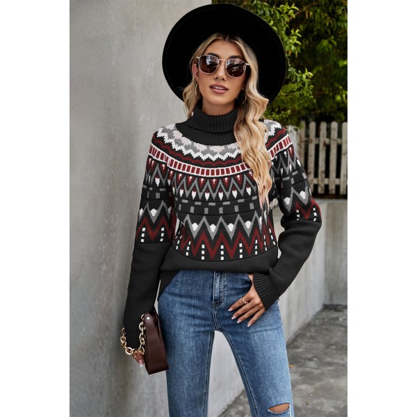 2023 vinter ny Amazon cross-border damebeklædning retro stribet syning kontrast sweater turtleneck løs sweater black L