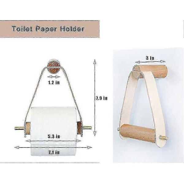 Toiletpapirholder til væg i træ og læder, rustik papirholder til toiletpapirruller til vægmontering, elegante og naturlige badeværelsestilbehør med selvklæbende