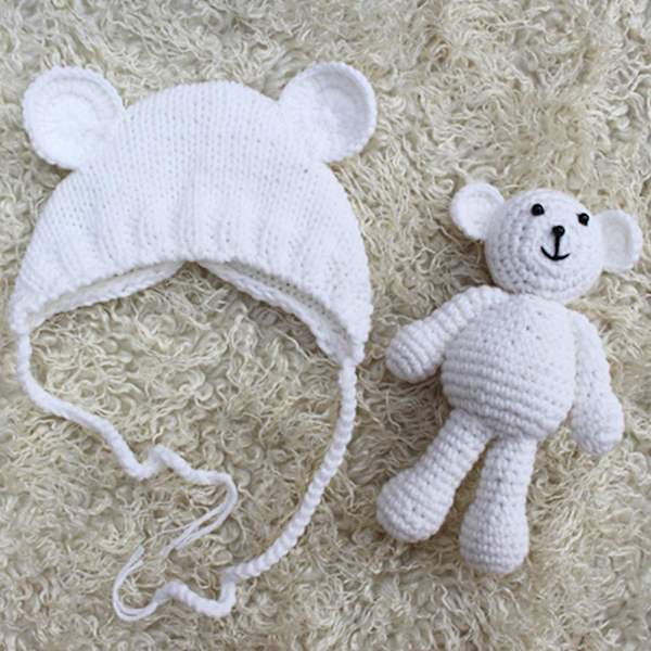 Baby Kläder Docka Fotografering Rekvisita Set Söt Hatt och Björn Enfärgad White