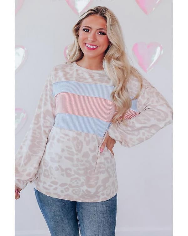 2023 Efterår Ny Kontrasttop til Kvinder Forår og Efterår Ny Leopardmønstret Rundhalset Langærmet Sweater til Kvinder XXL