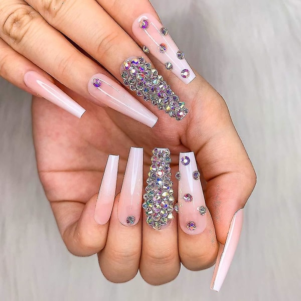 24 kpl French Nude White Ballerina Diamond Long Kiiltävä Arkku Flash Fake Nails Press On Nail False Tips Manikyyri naisille ja tytöille