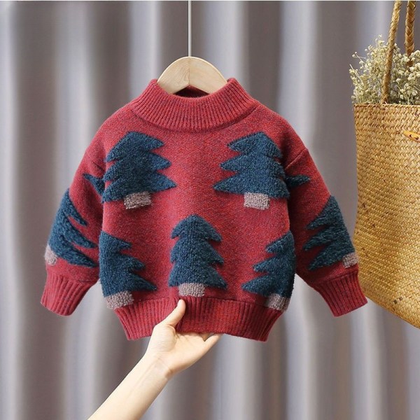 Pigesweater efterår og vinter fortykket og fløjl 2023 ny pullover jul drenge stil børns varm sweater red 100cm