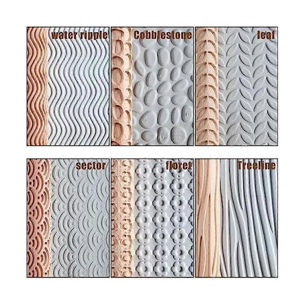 Set med 6 Trä Lera Modellering Mönster Roller Kit, Lera Kavel Texturerad Hand Roller Trähandtag
