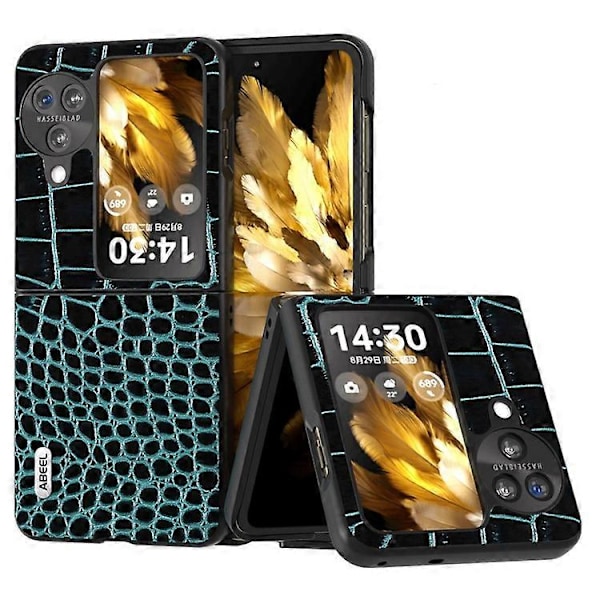 ABEEL Kompatibel med Oppo Find N3 Flip 5G Krokodiltextur Telefonskal Äkta Koläderbelagd PC Vikbart Fodral Blue