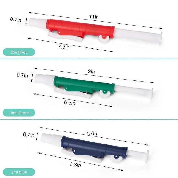 Pipettepumper, 3 stk. Laboratorie Håndholdte Pumper: 2 ml Blå, 10 ml Grøn, 25 ml Rød, Passer til Glas- eller Plastpipetter
