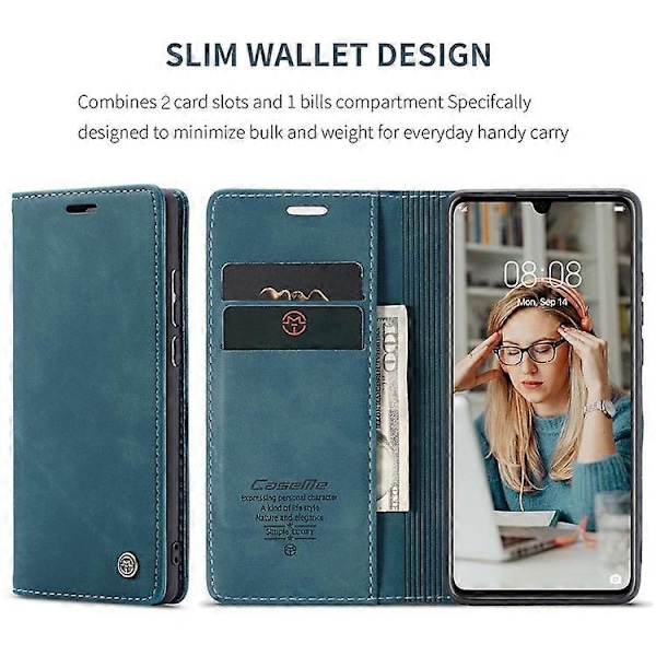 CASEME 013-serien Kompatibel med Huawei P30 Stötsäkert PU Läder Ställ Skydd Anti-repa Plånboksfodral Blue