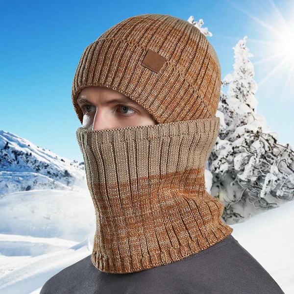 Fashionabel Varm Stickad Mössa och Halsduk Set för Vintern, Tjock Fleecefodrad Vintermössa och Halsduk