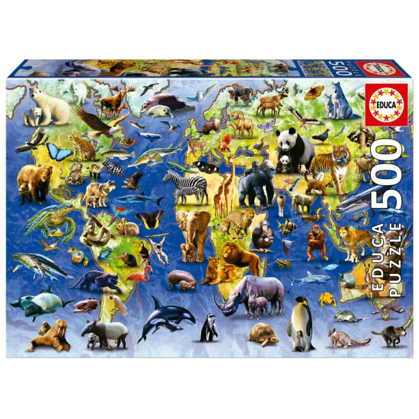Educa Hundra Utrotningshotade djur Världskarta Pussel 500 bitar multifärg