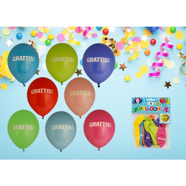 Ballong Grattis 8-pack Latex Mixade Multicolor