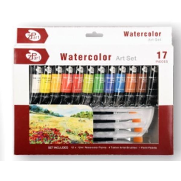Målarset vattenfärg 12 färger, 4 penslar, palett multifärg