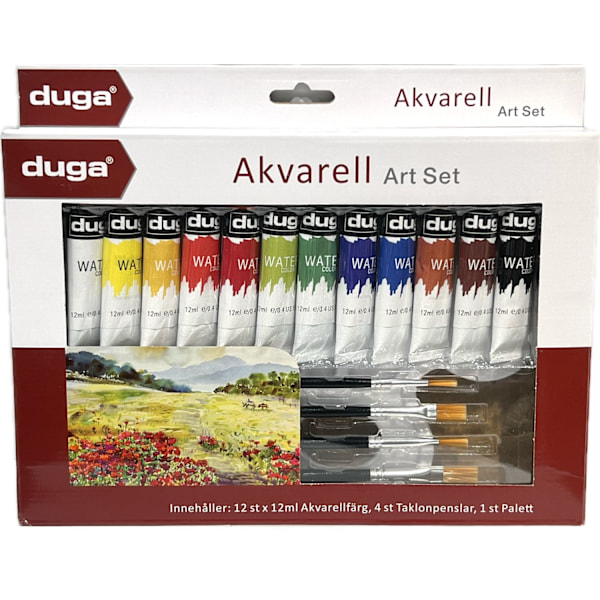 Målarset vattenfärg 12 färger, 4 penslar, palett Multicolor