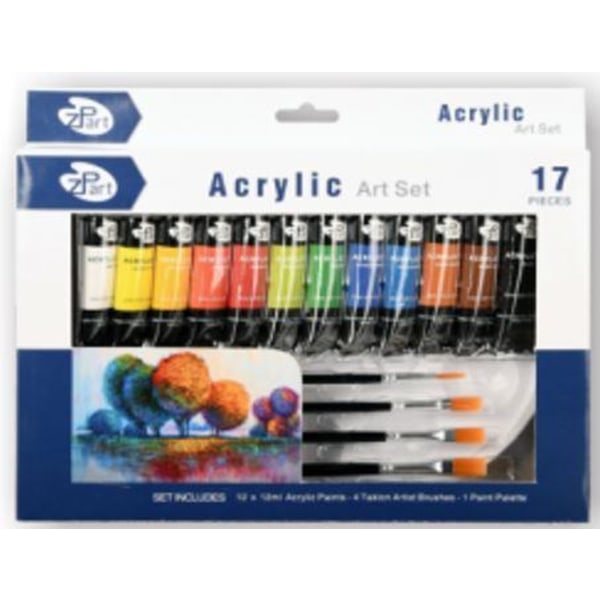 Målarset akryl 12 färger, 4 penslar, palett multifärg