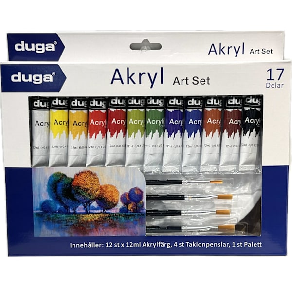 Målarset akryl 12 färger, 4 penslar, palett Multicolor