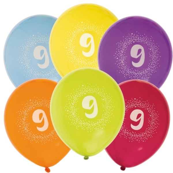 Ballong Födelsedag 9 år 6-pack Latex Mixade Multicolor