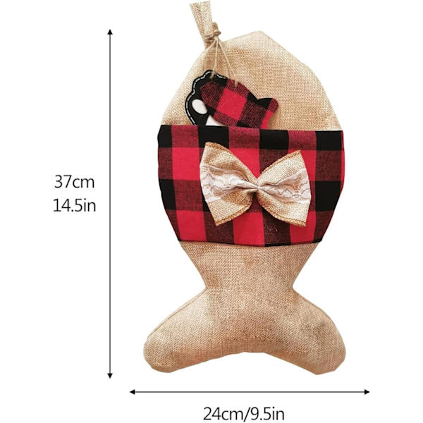 2-pack julstrumpor i fiskform av jute för upphängning, julklappspåse för eldstad, julgranshängande