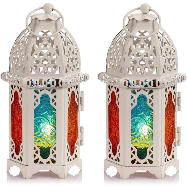 2-delade ljuslyktor i marockansk stil - liten värmeljusstake med målat glaspanel