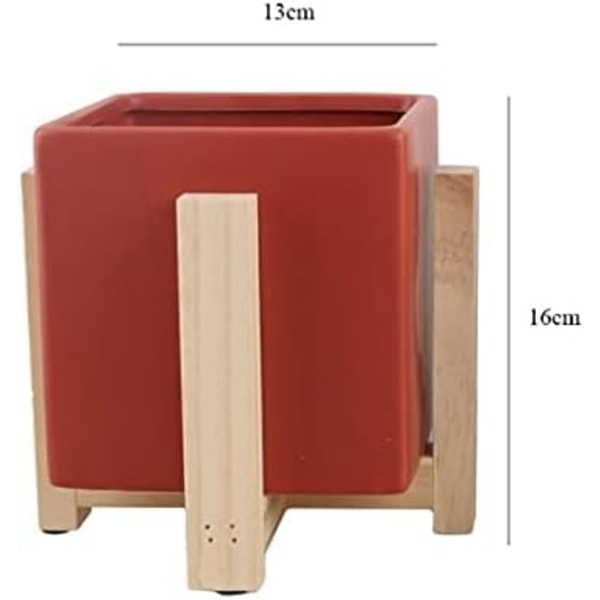 Set med 2 keramiska blomkrukor med växtstativ i trä - Modern - Inomhus och utomhus - Röd (Fyrkantig)