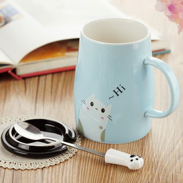 Söt kattmugg Rolig keramisk kaffemugg med rostfritt stålklosked (blå), nyhetskaffemugg