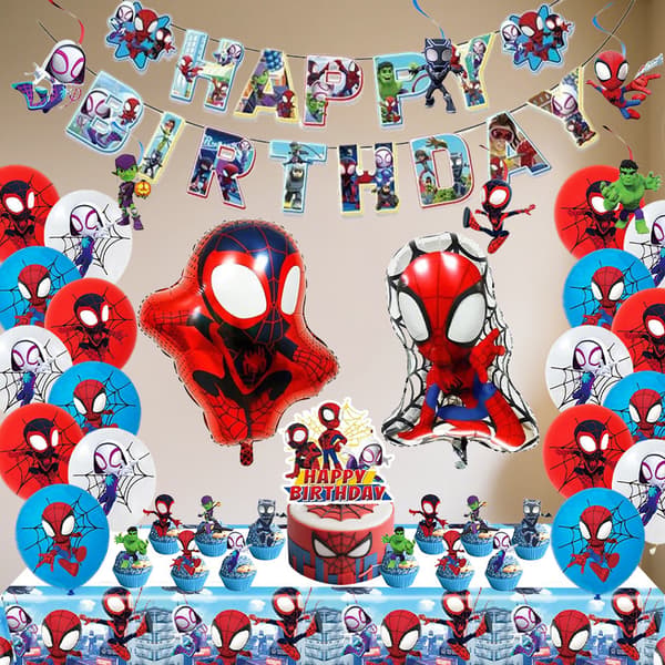 Bursdagsdekorasjoner med Spiderman-tema, kaketopper, bursdagsflagg og ballonger