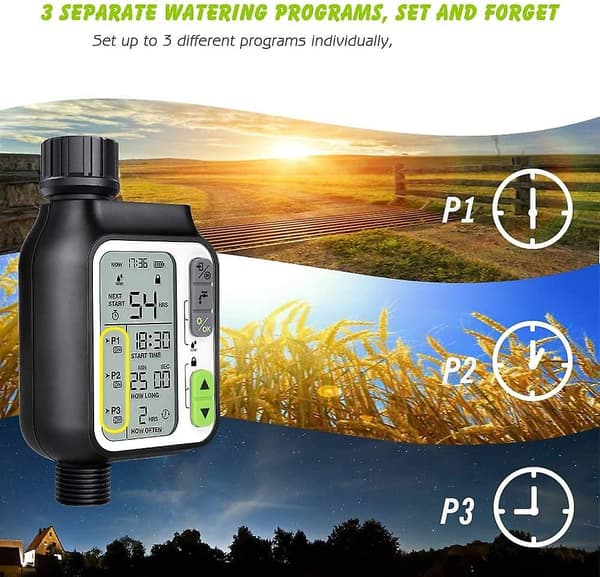 Vattentimer, automatisk vattningstimer med 3 separata bevattningssystem/automatisk regnsensor/barnlåsläge