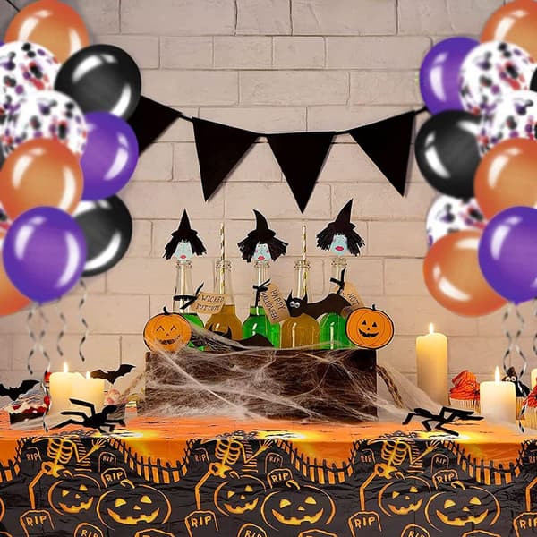 Halloween-dekorasjoner med spøkelser, gresskar, hodeskaller, flaggermus-elementer, rektangulær duk for innendørs og utendørs bruk, vanntett gjenbrukbart PVC-materiale