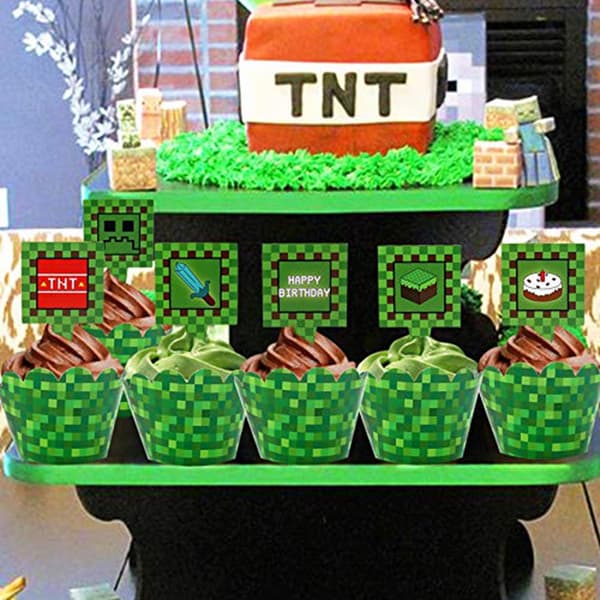 Minecraft-tema Cupcake-omslag Bursdagsfest Sett med 24 Vendbare