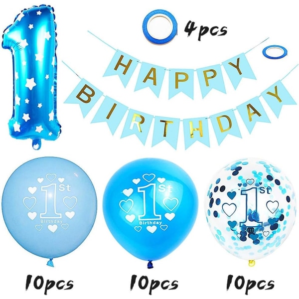 1 års pojke födelsedag dekorationer, 1:a lyckliga födelsedag ballonger, 1 års pojke födelsedag dekoration