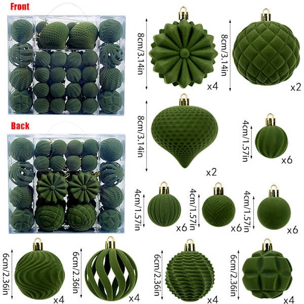 Helt nytt 48-delars set med flockade julgransprydnader, 4/6/8 cm, plastprydnader (benvitt).