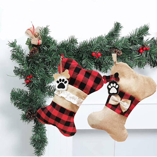 2-pack julstrumpor i form av hundben i jute för husdjur, hundbenformade