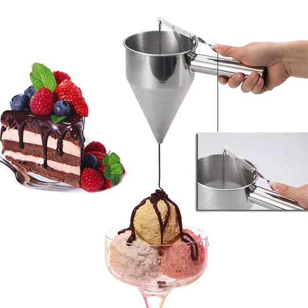 Røremaskin i rustfritt stål med trakt og stativ for kake, smultringer, cupcakes, pannekaker, baking