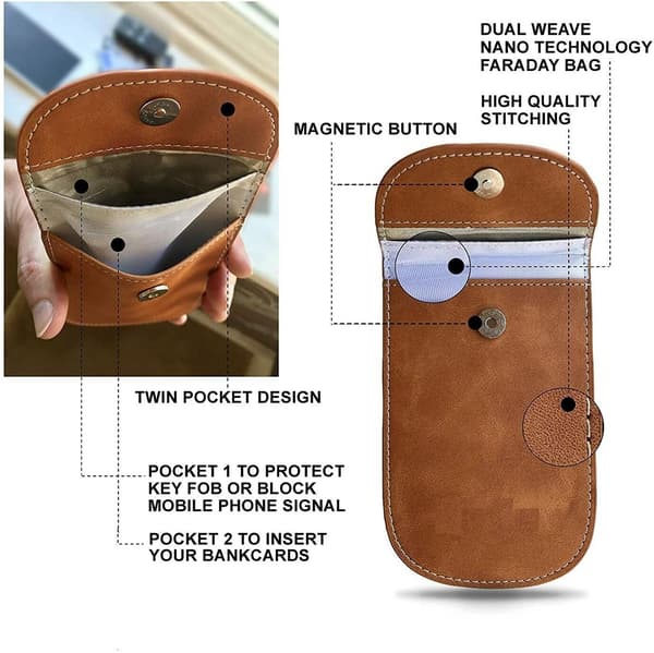 Faraday RFID Signal Blocking Pouch - Genuine Brown Leather, for Car Keys, RFID Blocking, Key Holder, Key Ring, Anti-Theft, Security, Key Protection