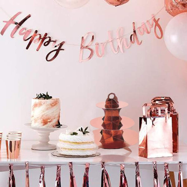 2-pack rosa guldfärgade kartong cupcake-ställ 3-vånings dessertställ runt cupcake-hållare torn för födelsedag