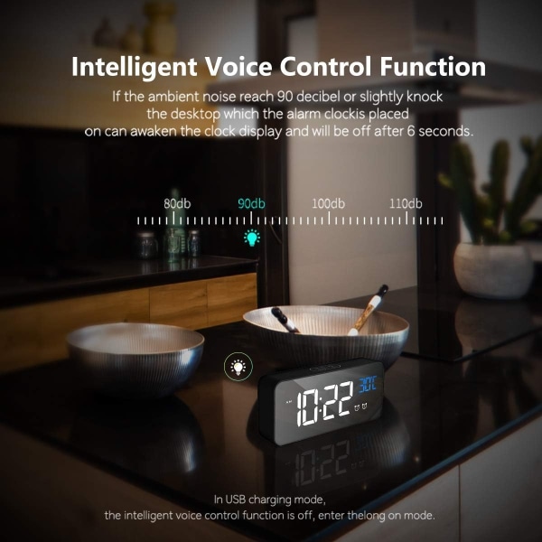 Digital väckarklocka, LED-väckarklocka med snooze-funktion, USB-portladdning (svart)