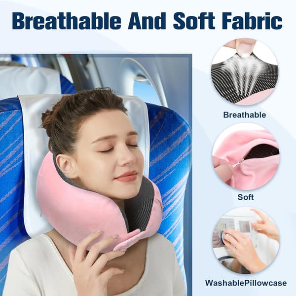 Memory Foam Travel Pillow, Adjustable & Compact Airplane Pillow, Ergonomically Designed, Includes Earplugs, Eye Mask & Storage Bag. pink