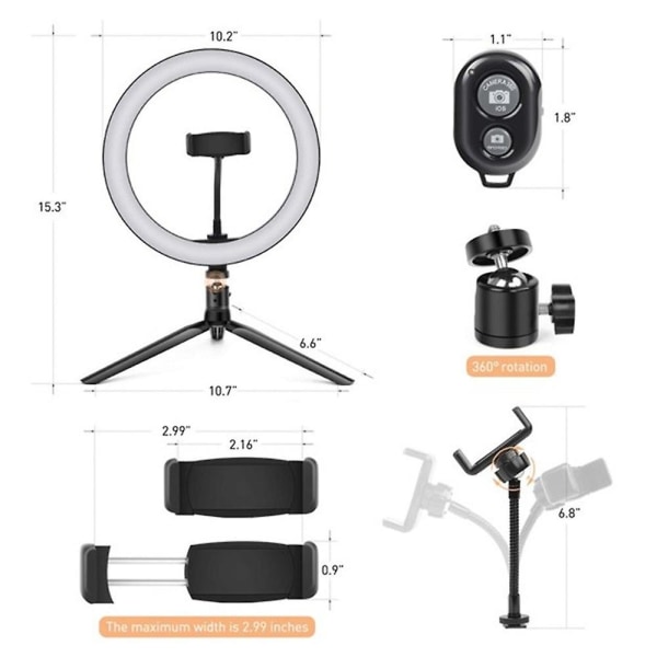 2024 Lämplig LED-ringljus med stativ och 1 telefonhållare, dimbar skrivbords-selfie-ringljus för sminkvideo-livestream