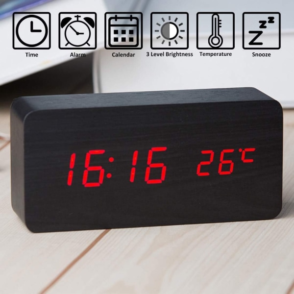 Trädigitalklocka - Multifunktionell LED-väckarklocka med tid/datum/temperaturvisning